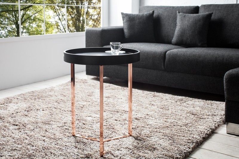Extravagante ronde bijzettafel Modular 40 cm – Matzwart met koperen accent en inklusief dienblad