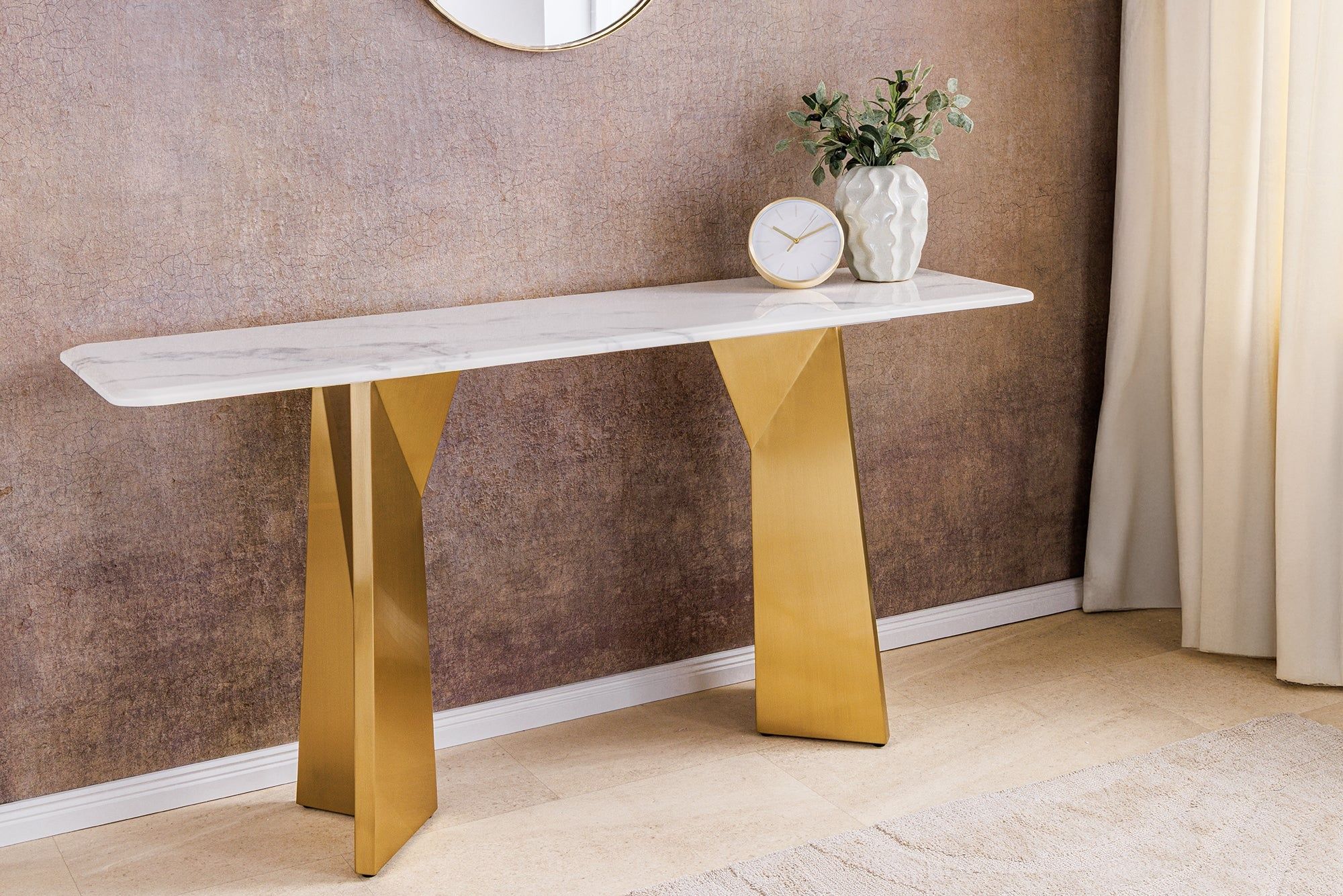 Extravangaza Wandtafel 140 cm – Subtiel Wit Marmer & Champagne Goud Accent