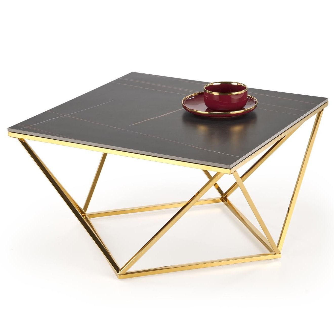 Felicia vierkante salontafel 80 cm – zwart marmer met gouden frame