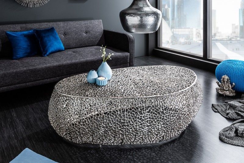 Filigraan design salontafel ABSTRACT BLAD 120 cm – handgemaakt zilver | Invicta Interior