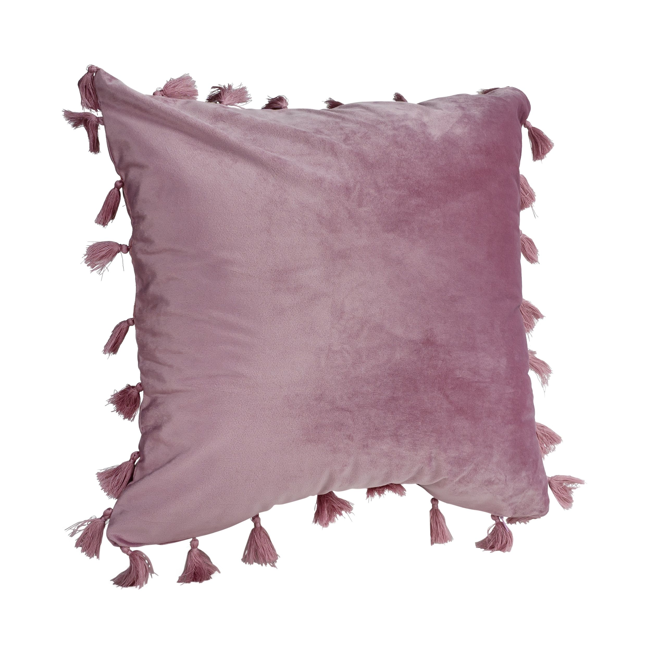 Fris en speels: QUVIO roze fluwelen kussenhoes met franjes – 45 cm