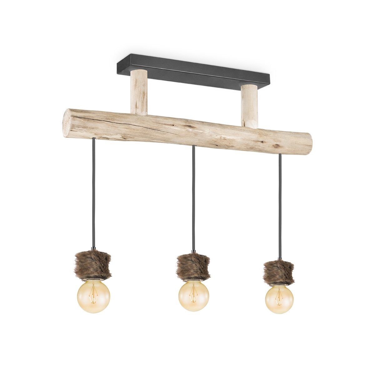 Furdy 3‑Lichts Hanglamp – Landelijke Houten & Bont Verlichting voor jouw Interieur