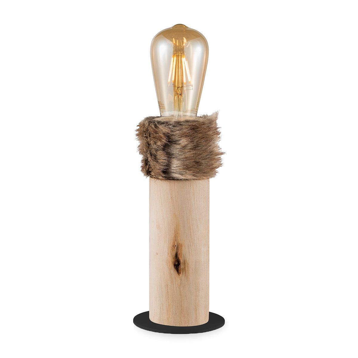 Furdy Large Tafellamp – Natuurlijke Houten Lamp met Bontkraag
