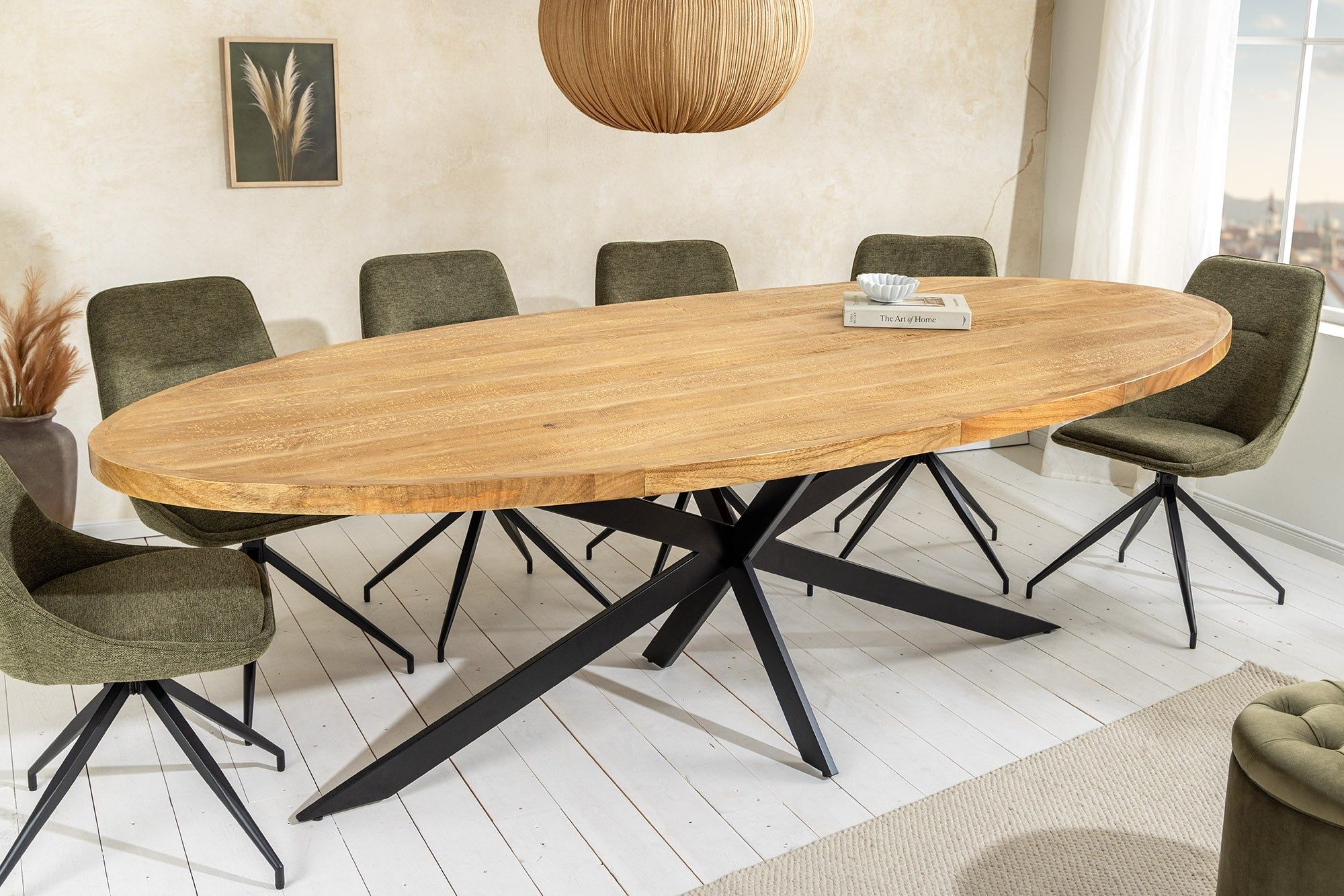 GALAXIE eettafel 240 cm – Ovaal mangohout met zwart sterframe