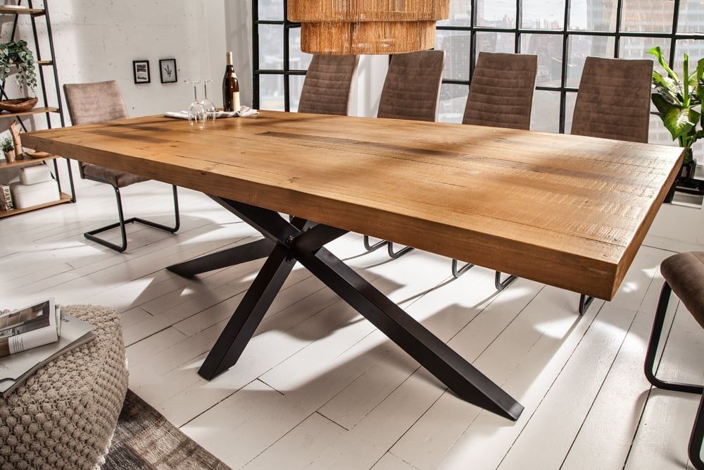 GALAXIE massieve eettafel 240 cm – Vintage bruin, gerecycled grenenhout & zwart staal – Invicta Interior