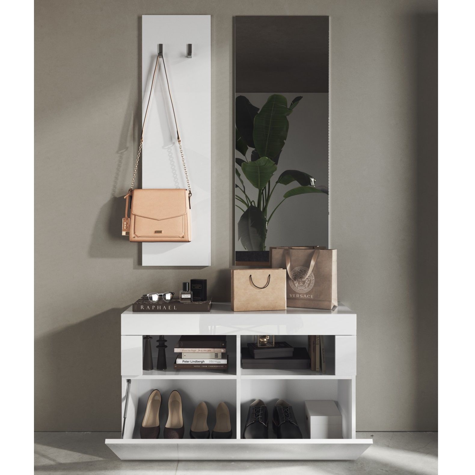 Garderobeset Basic 3‑delig in hoogglans wit – stijlvolle opbergoplossing voor hal en woonkamer
