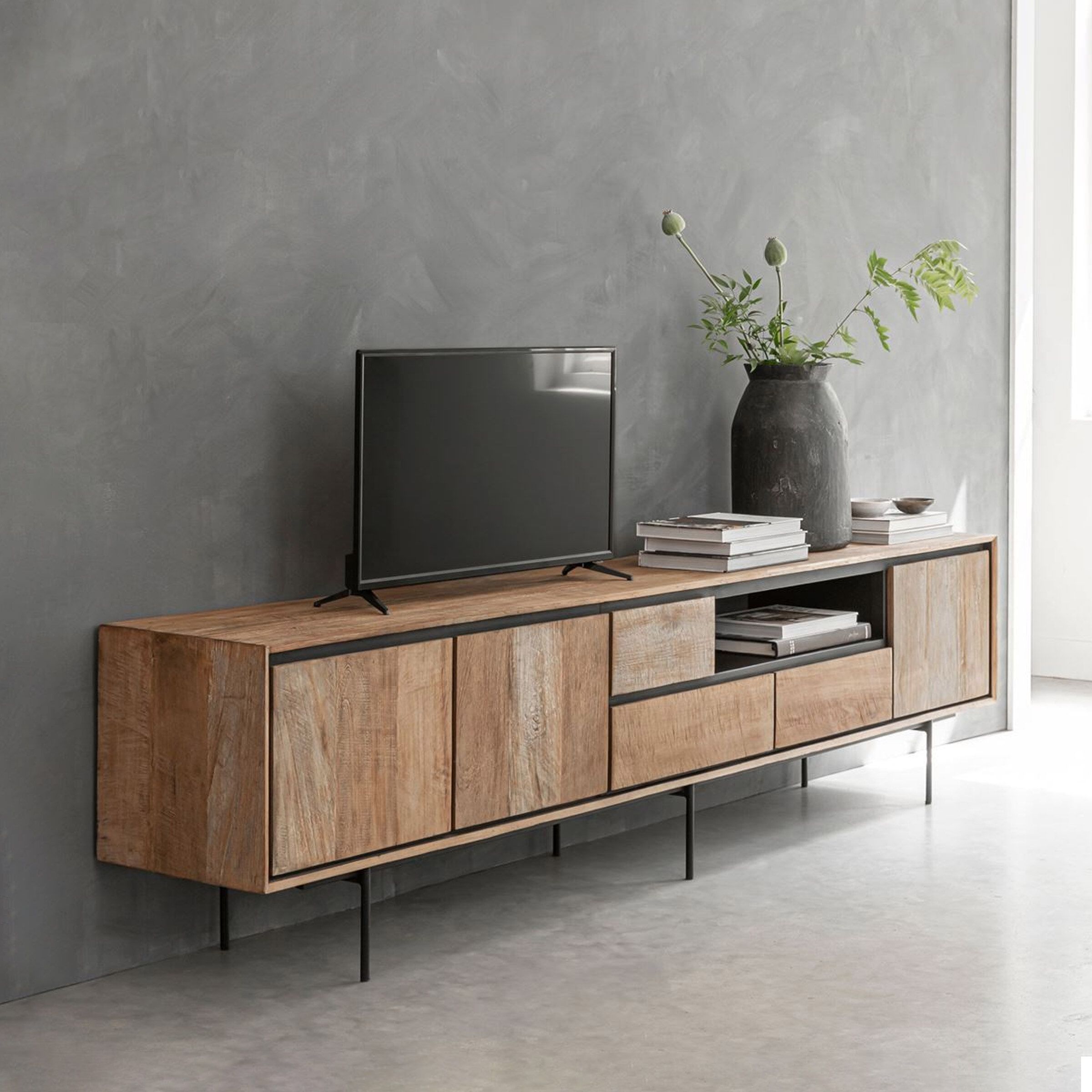 Gerecycled Teakhouten TV‑meubel Metropole – 235 cm, Extra Large met Open Vak