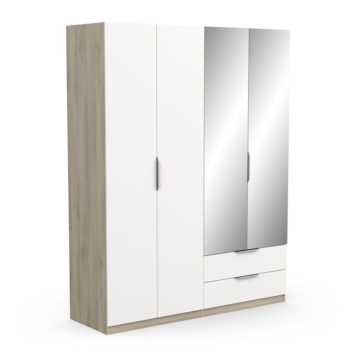Ghost inloopkledingkast met spiegel – 4 deuren, 2 laden, 160 × 203 cm – eiken & wit
