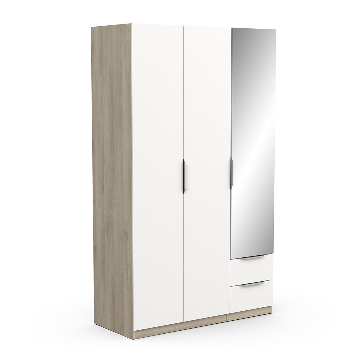 Ghost kledingkast 3 deuren, 2 laden met spiegel – eiken & wit, 120×203 cm