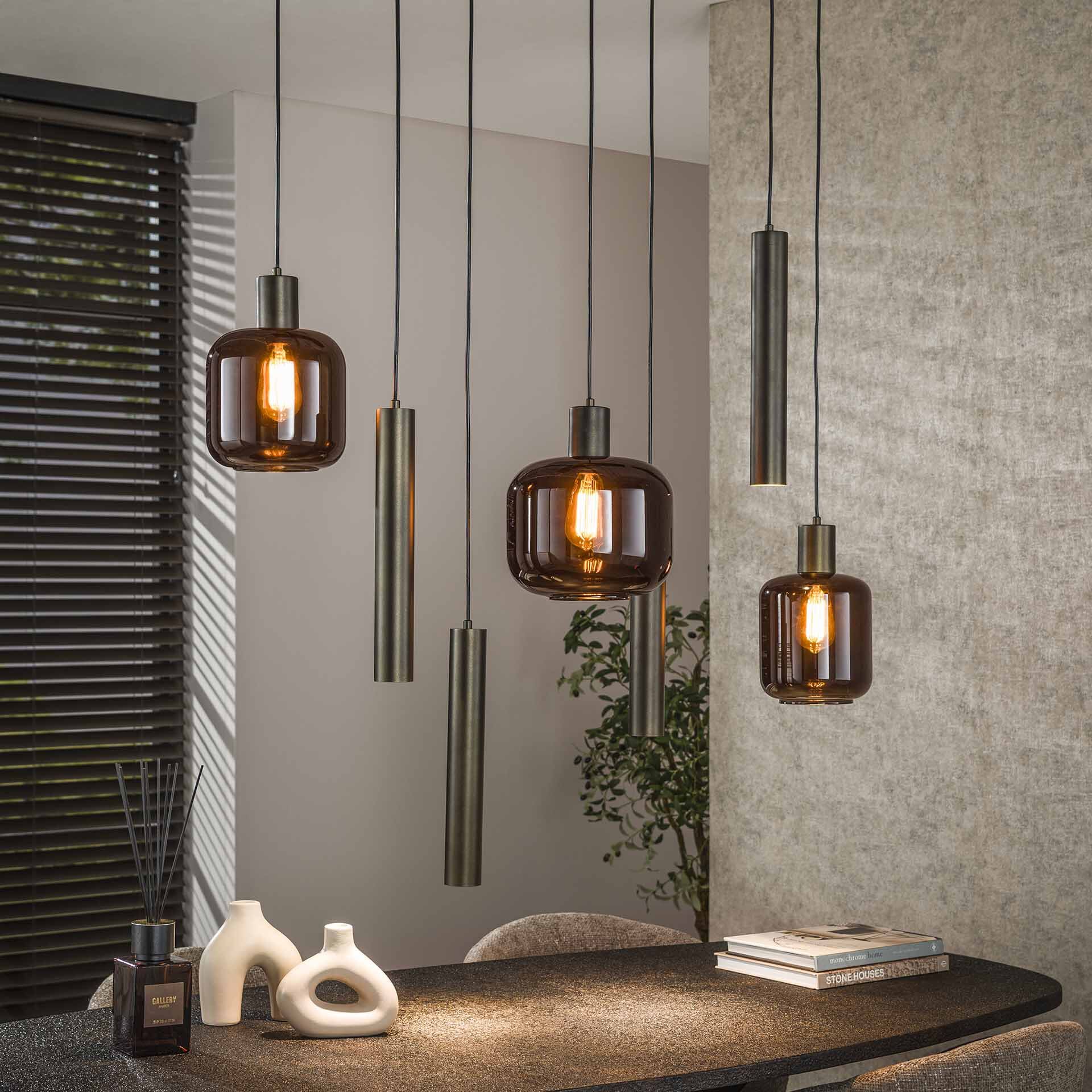 Gill Hanglamp 4+3 in Sienna Brown – Moderne Hanglamp met Mixed Materialen