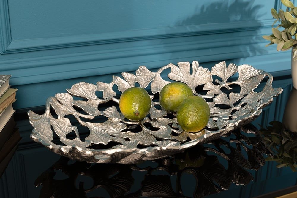 GINKGO LEAFS handgemaakte metalen decoratieschaal 50 cm – zilver | Invicta Interior