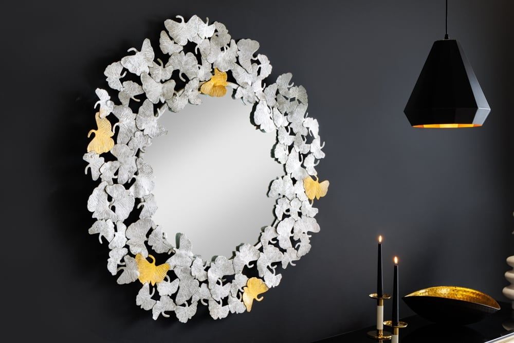 Ginko Leaves XL wandspiegel – ronde metalen spiegel 90 cm in goud en zilver