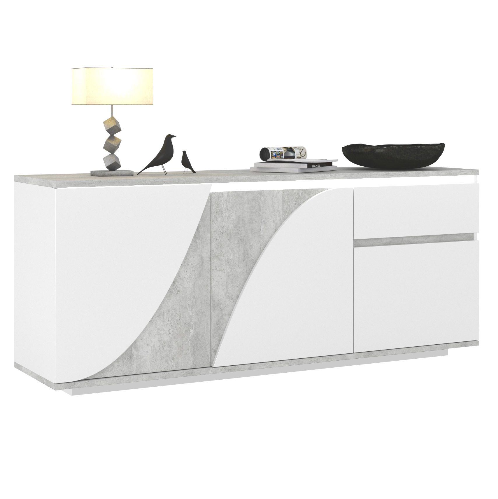 Goya dressoir 200 cm – Strak hoogglans wit met betongrijze accenten