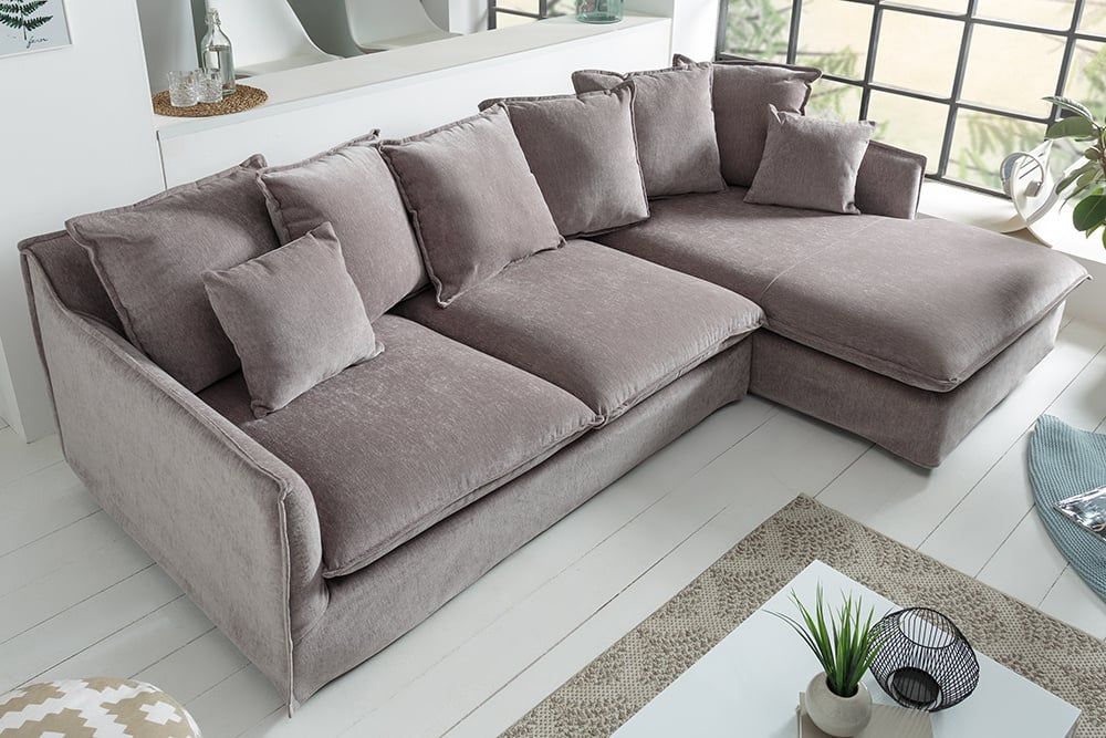 Grote hoekbank HEAVEN 255 cm – luxe taupe fluweel in landelijke stijl | Invicta Interior