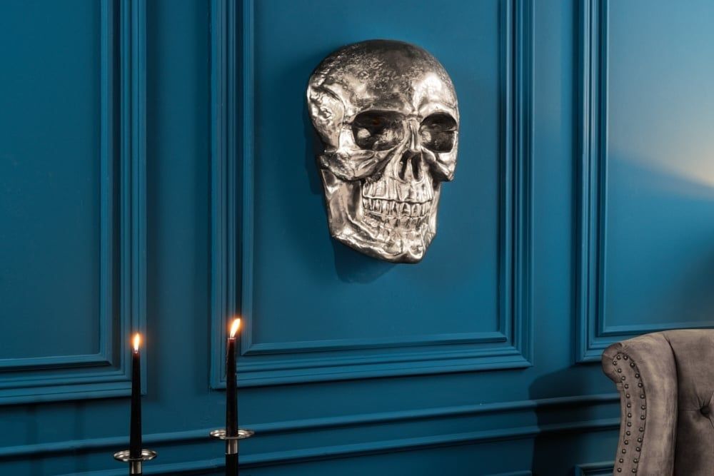 Grote Zilveren Wandsculptuur ‘Skull XXL’ – Stoer Decor voor Modern Interieur