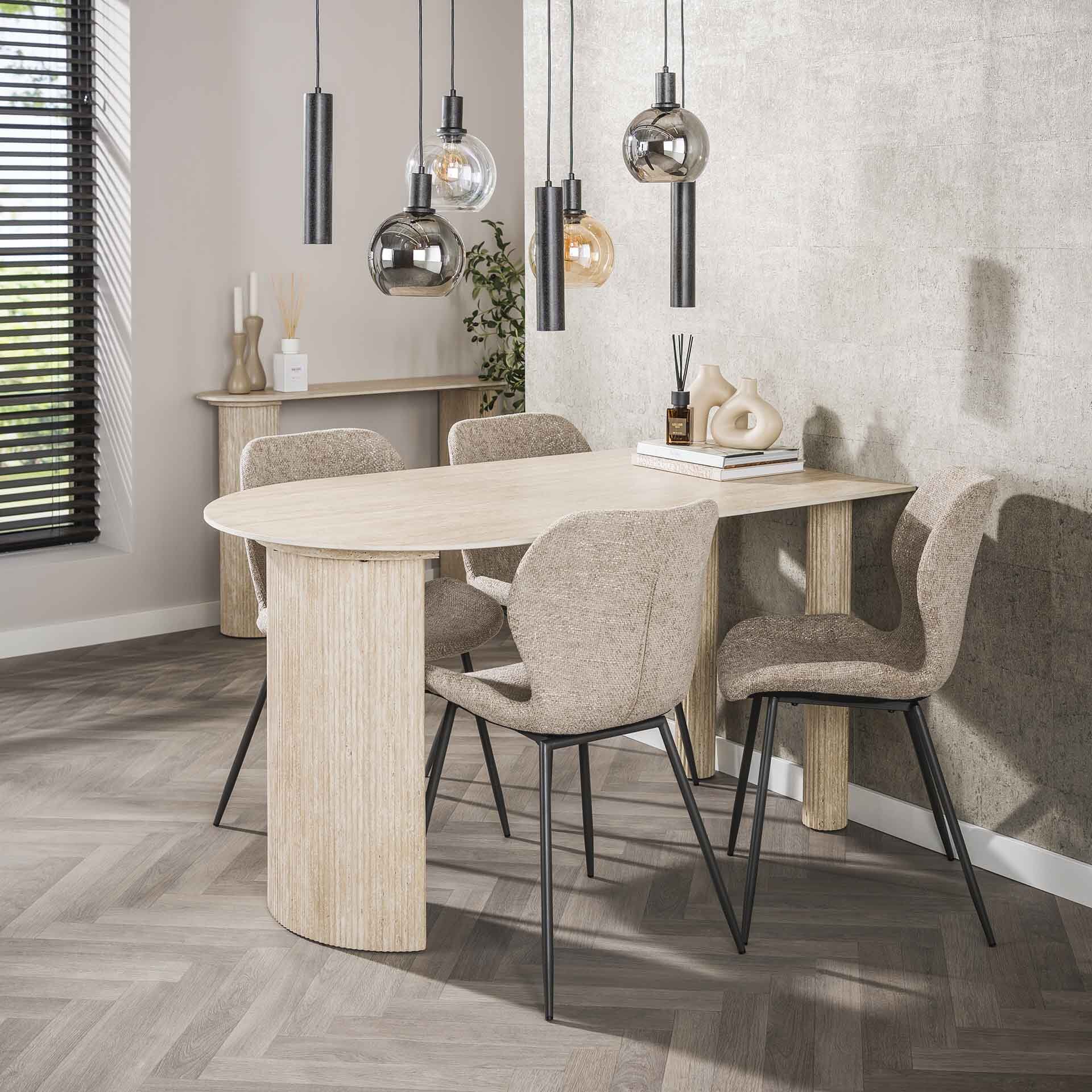 Halfronde eettafel Laycie – Travertinlook, 140 × 80 cm – LifestyleFurn