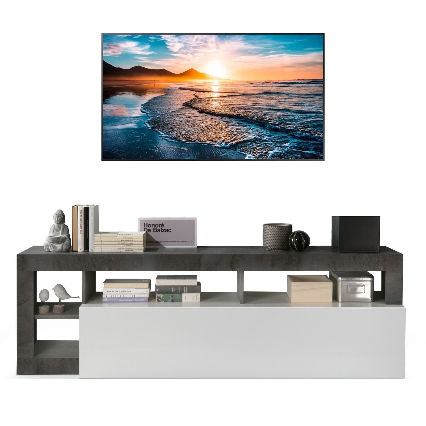 Hamburg tv‑meubel 184 cm – strak wit met oxid effect