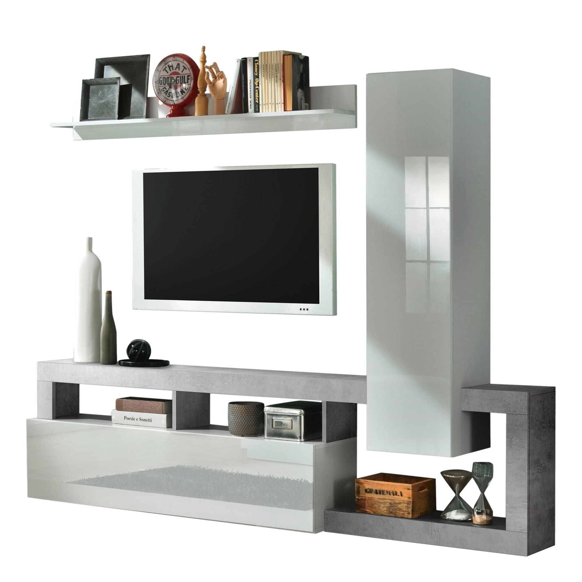 Hamburg TV‑wandmeubel 219 cm – Hoogglans wit met betonlook