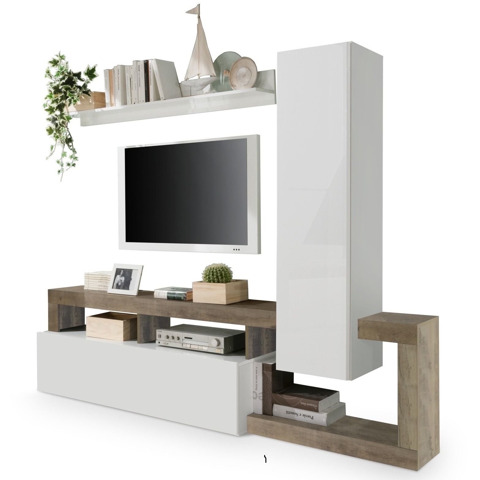 Hamburg tv‑wandmeubel 219 cm – hoogglans wit met eikenaccent