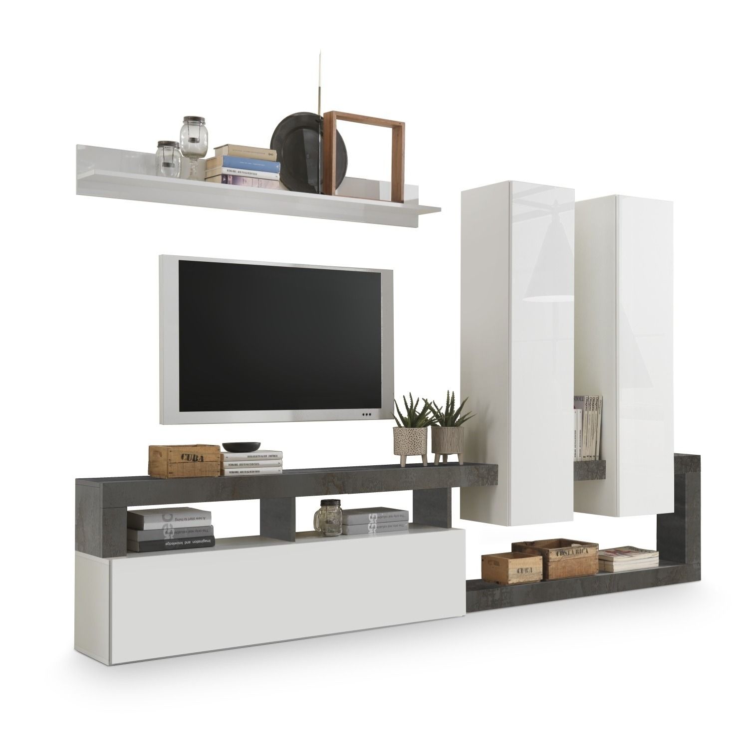 Hamburg tv‑wandmeubel 277 cm – hoogglans wit met oxid effect