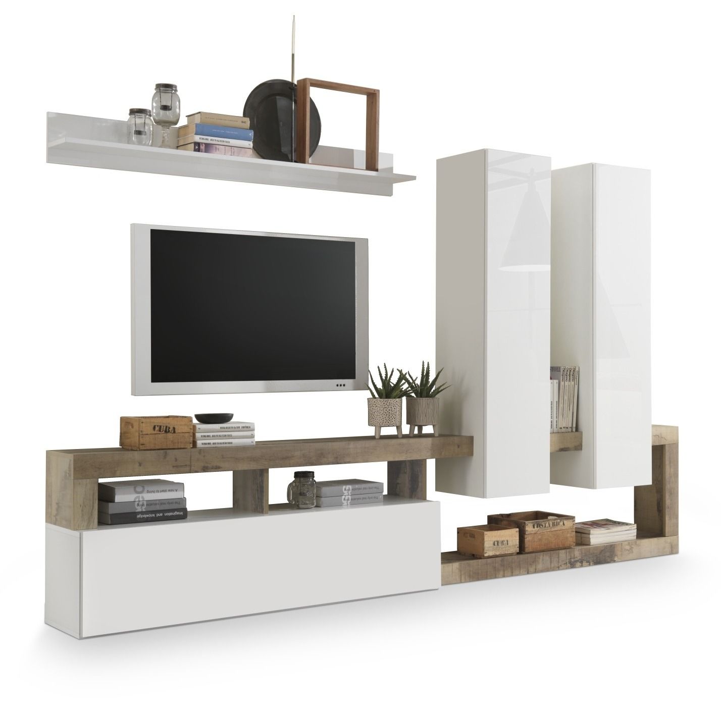 Hamburg tv-wandmeubel 277 cm – strak wit‑eiken combinatie