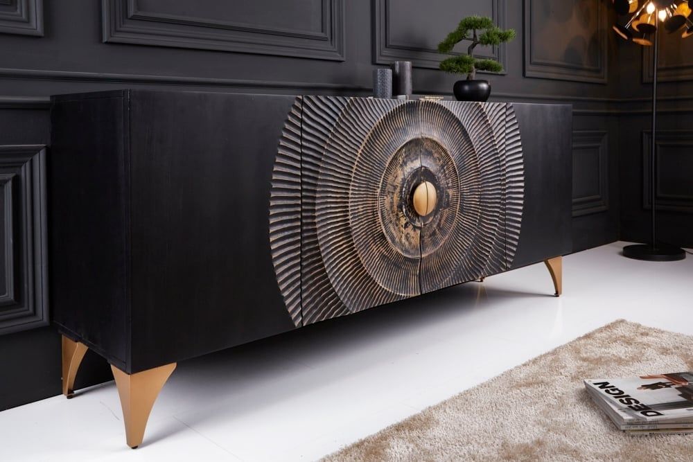 Handgemaakt dressoir Golden Sunset – Elegante zwart‑gouden mangohout look, 180 cm