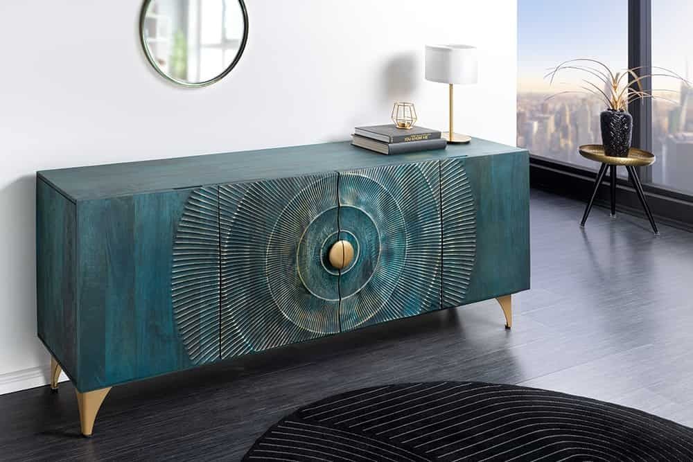 Handgemaakt dressoir Golden Sunset – Turquoise & Goud op mangohout en metalen poten (180 cm)