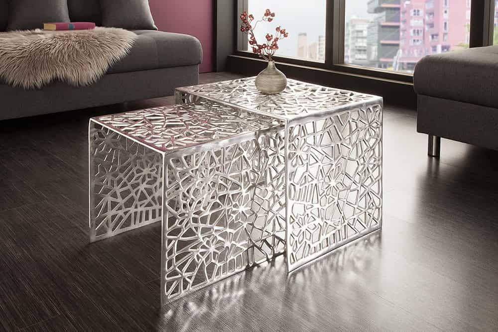Handgemaakte ABSTRACT Salontafel Set – 49 cm, Zilver, Gap‑Design van Invicta Interior