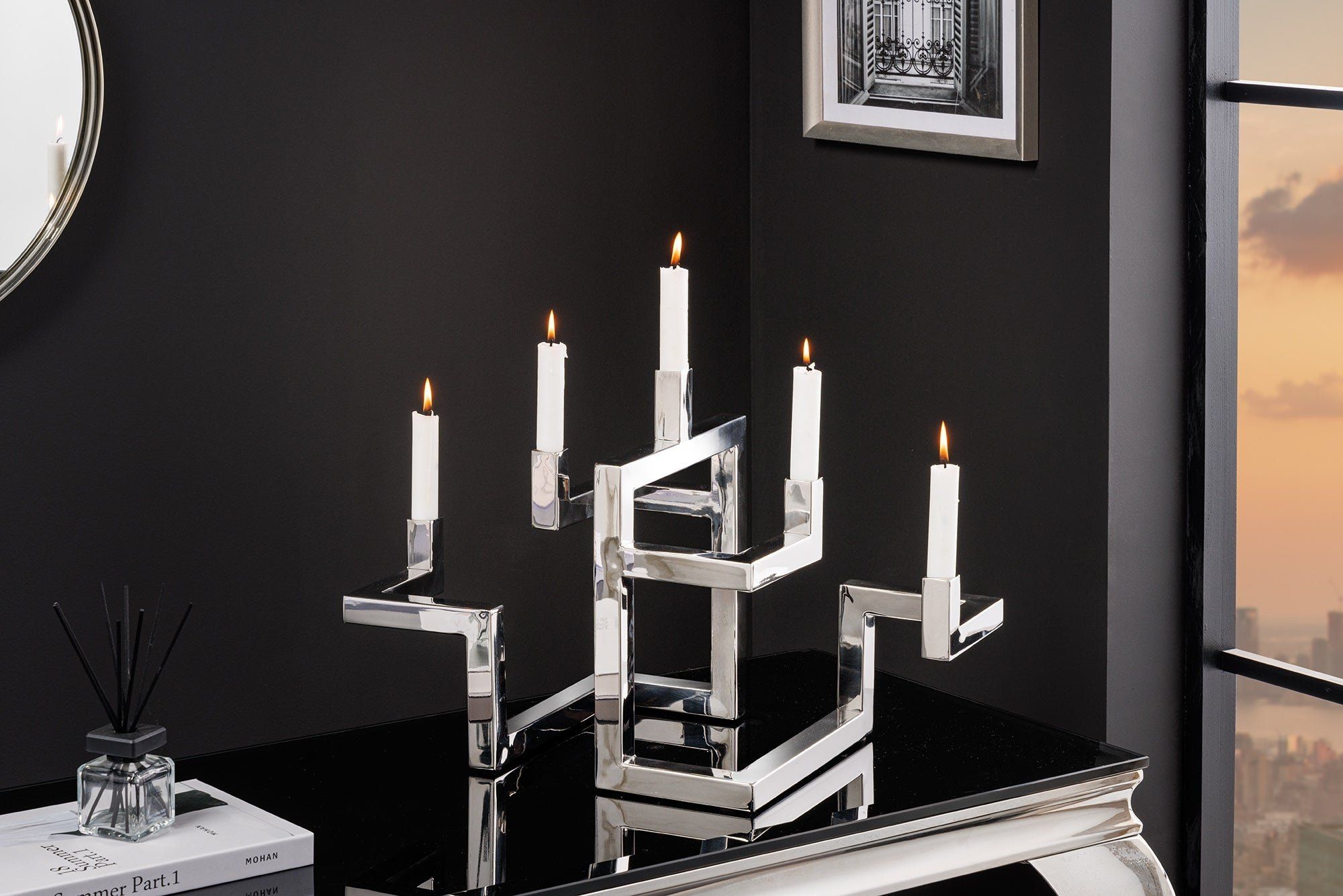 Handgemaakte Abstract Zilveren Kandelaar – Elegante Verlichting voor vijf kaarsen