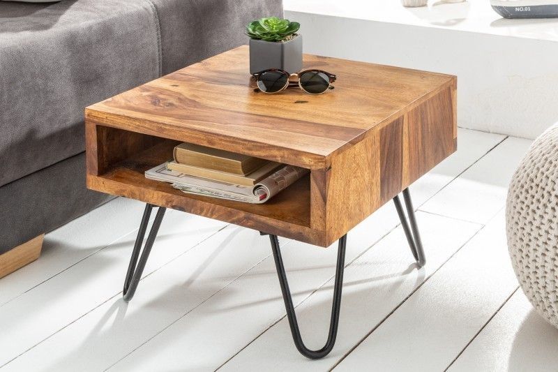 Handgemaakte bijzettafel SCORPION – 45 cm Sheesham met hairpin poten