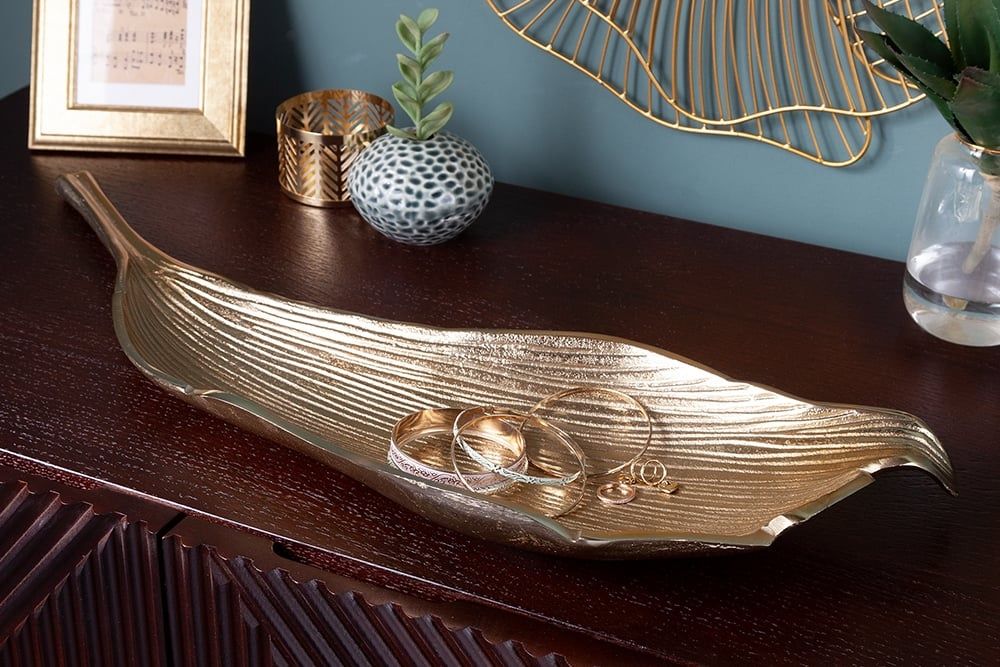 Handgemaakte decoratieve kom ABSTRACT LEAF – 65 cm goud aluminium