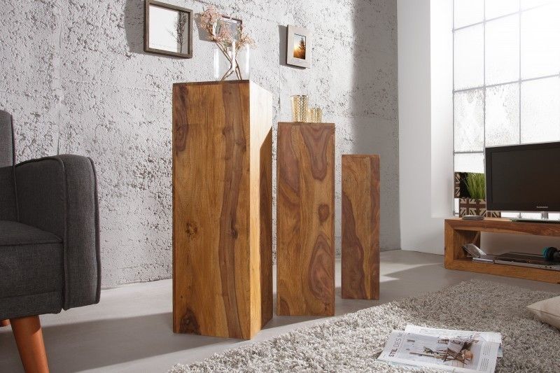 Handgemaakte décoratieve zuilenset MAKASSAR – 3 × 80 cm Sheesham met Stone‑afwerking