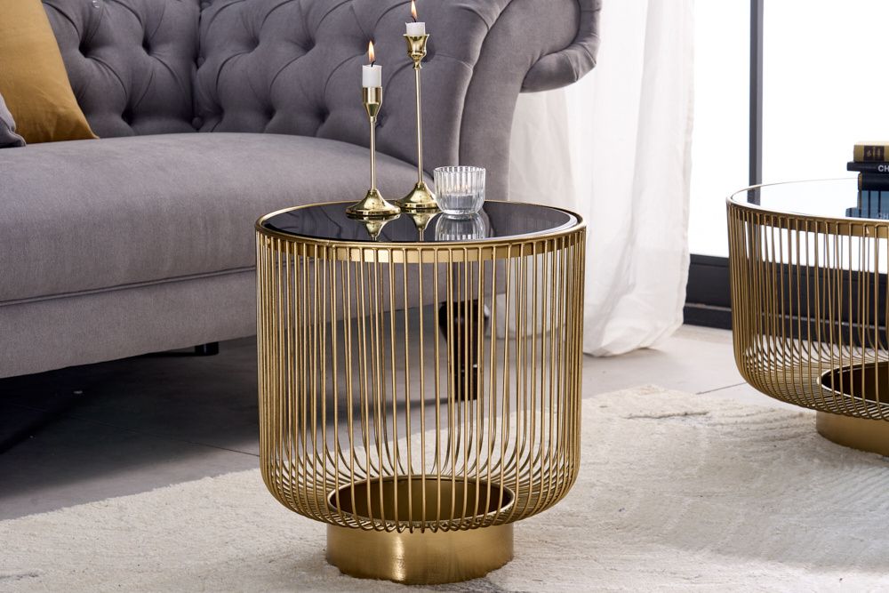 Handgemaakte Filigraan Design Bijzettafel 50 cm – Goud Frame, Zwart Glazen Top