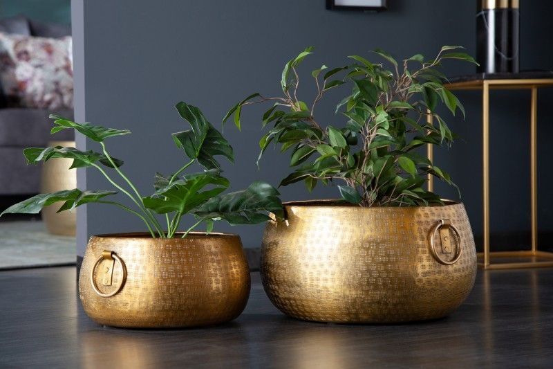 Handgemaakte Gouden Bloempotten – Luxe Schalen in Gehamerd Design (2‑set)