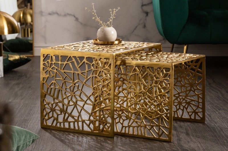 Handgemaakte gouden salontafelset ABSTRACT – 2 unieke tafels van 50 cm
