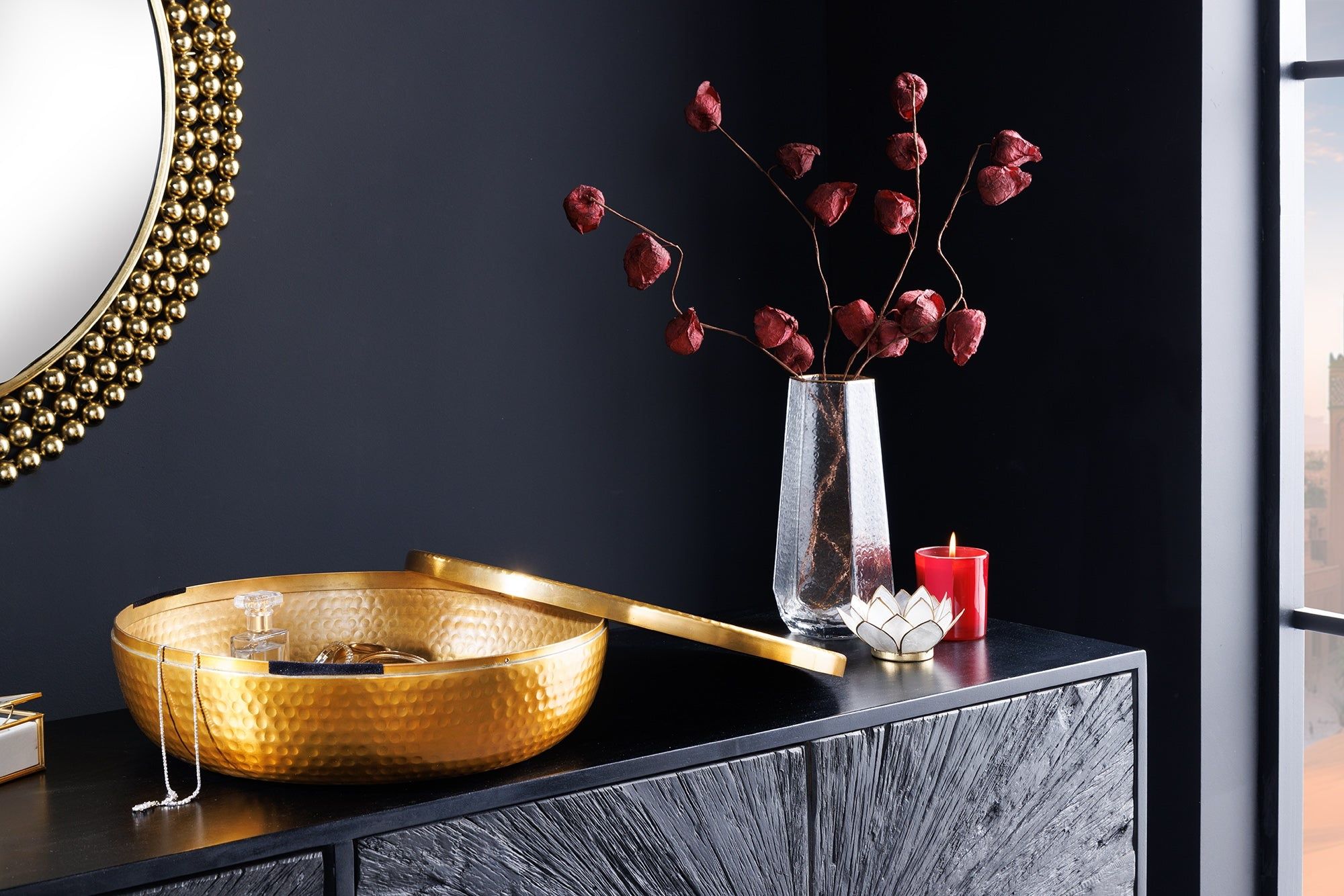 Handgemaakte Gouden Schaal ORIENT – 40 cm Rond met Deksel, Luxe Sieradenblik van Invicta Interior