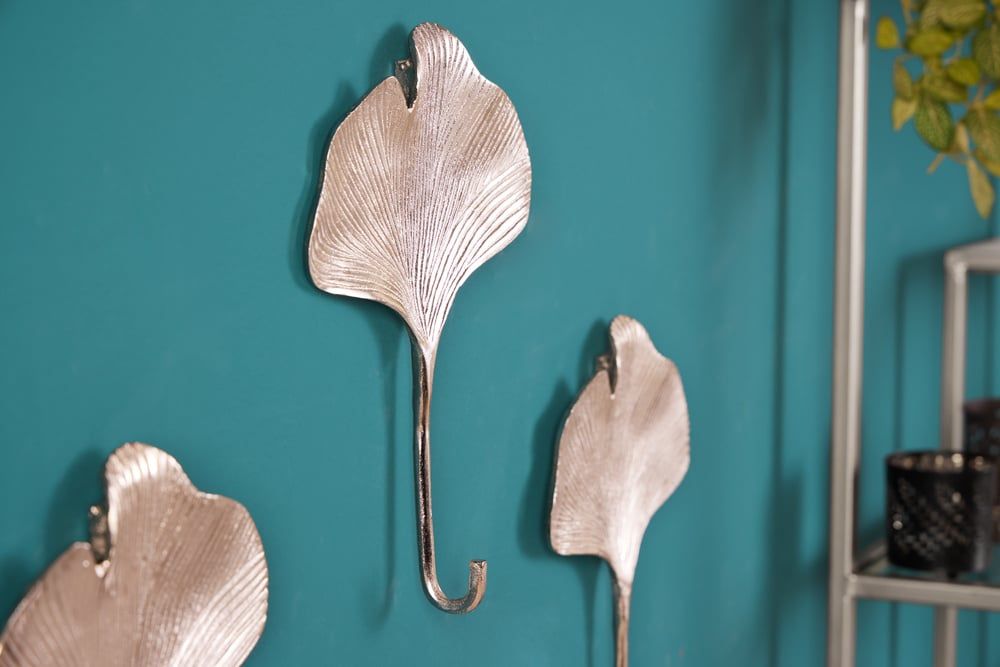 Handgemaakte Kapstokhaak Set van 3 – GINKGO Zilver 30 cm – Invicta Interior