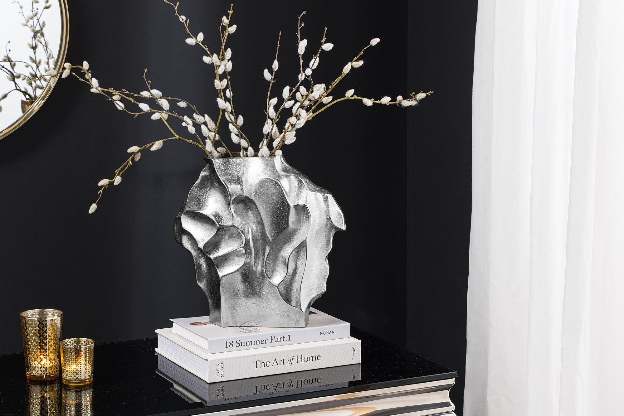 Handgemaakte LIQUID vaas — 30 cm, zilver metaal, gehamerd design