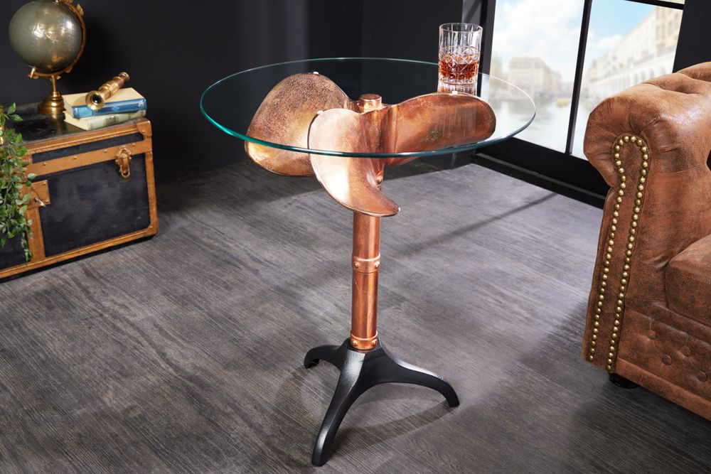 Handgemaakte maritieme bijzettafel OCEAN – stijlvol rond 75 cm glasblad met koperen accenten