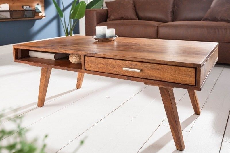 Handgemaakte Retro Salontafel van Massief Sheeshamhout – 100 cm met Lades | Invicta Interior