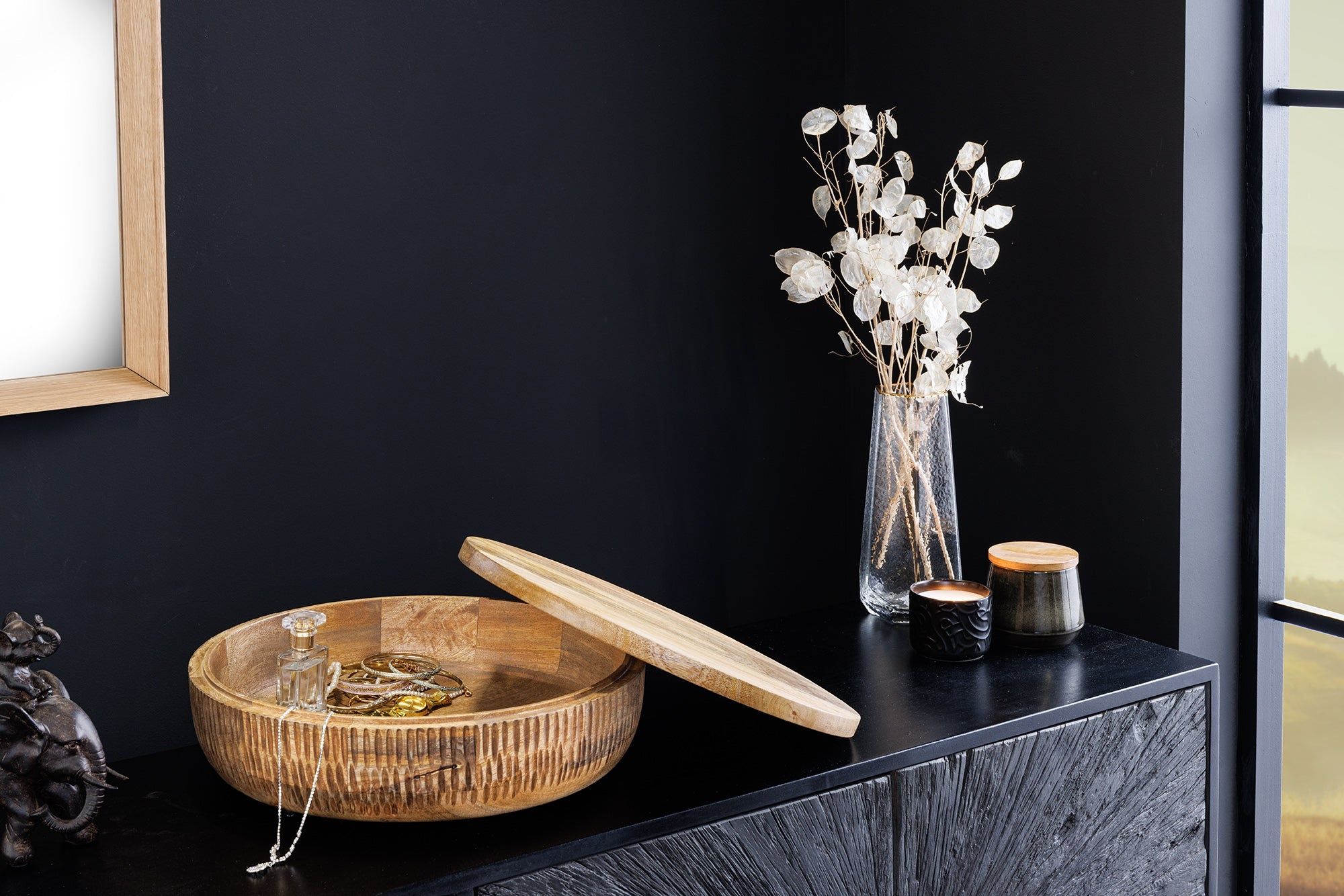 Handgemaakte ronde kom van natuurlijk mango hout – 40 cm met deksel, ideaal als sieradenblik