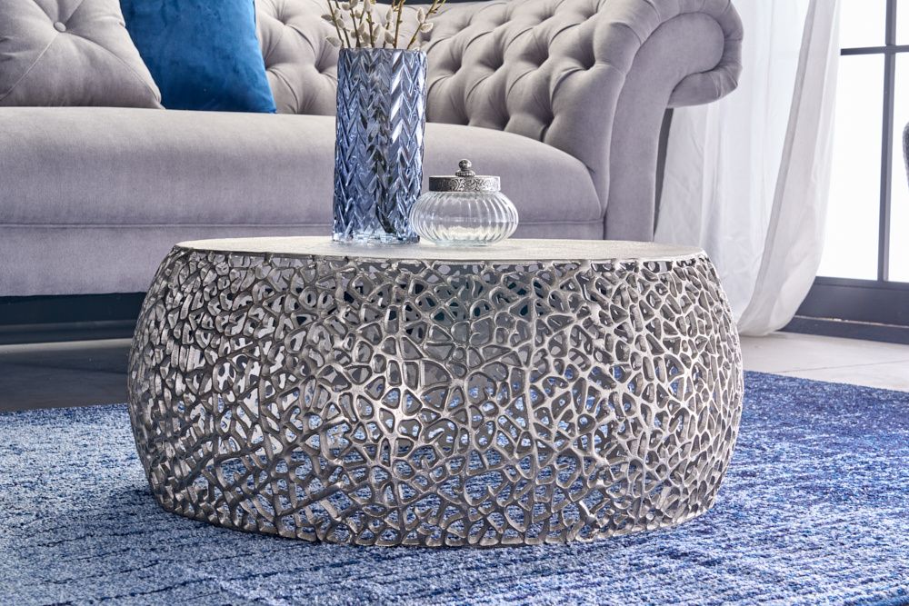 Handgemaakte ronde salontafel ABSTRACT BLAD 75 cm – Antiek zilver