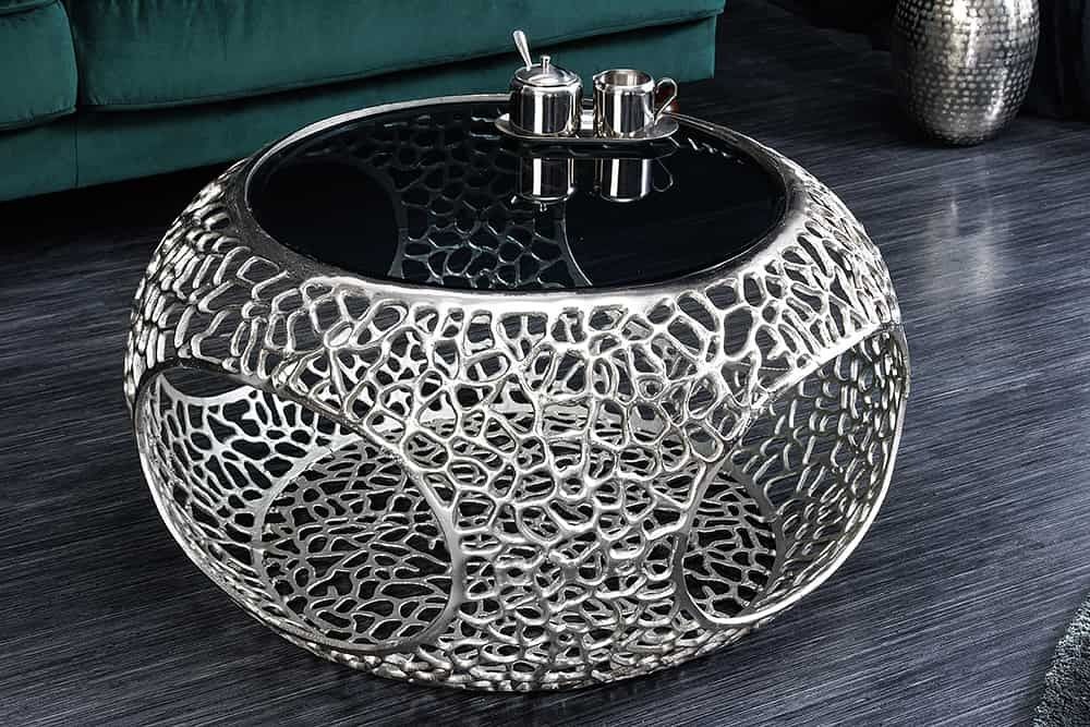 Handgemaakte ronde salontafel SPIN – 75 cm, zilver/zwart, met glas en opbergvak