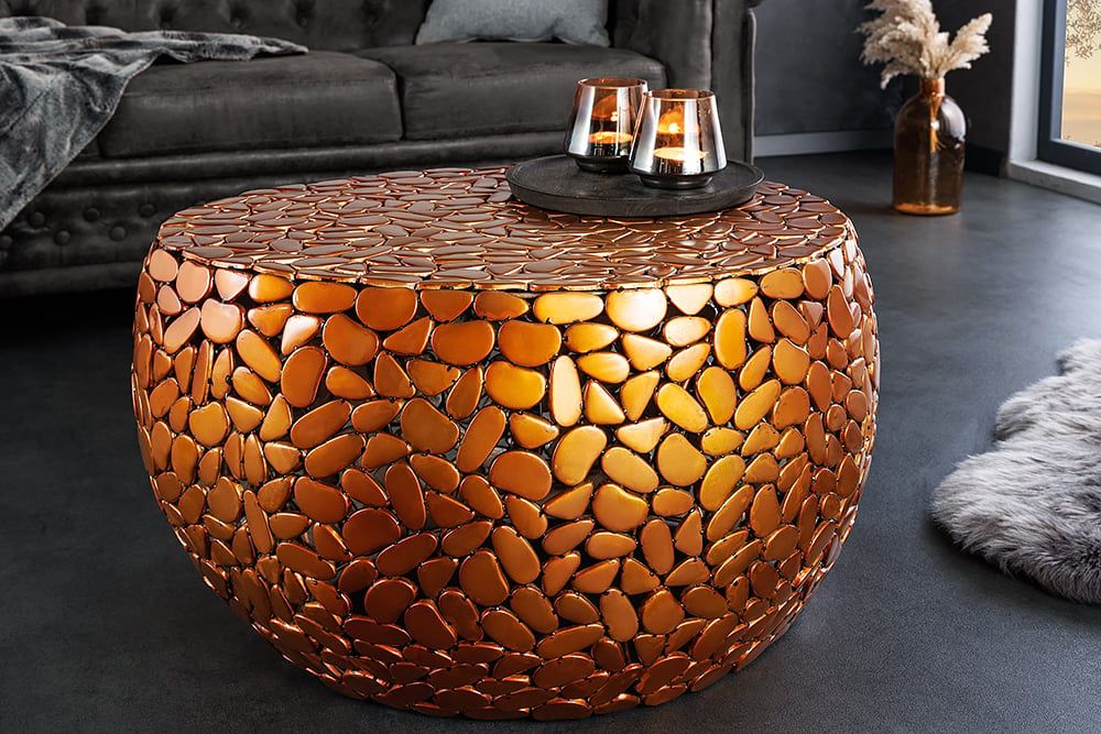 Handgemaakte Ronde Salontafel Stone Mosaic 75 cm – Koper Mozaïek