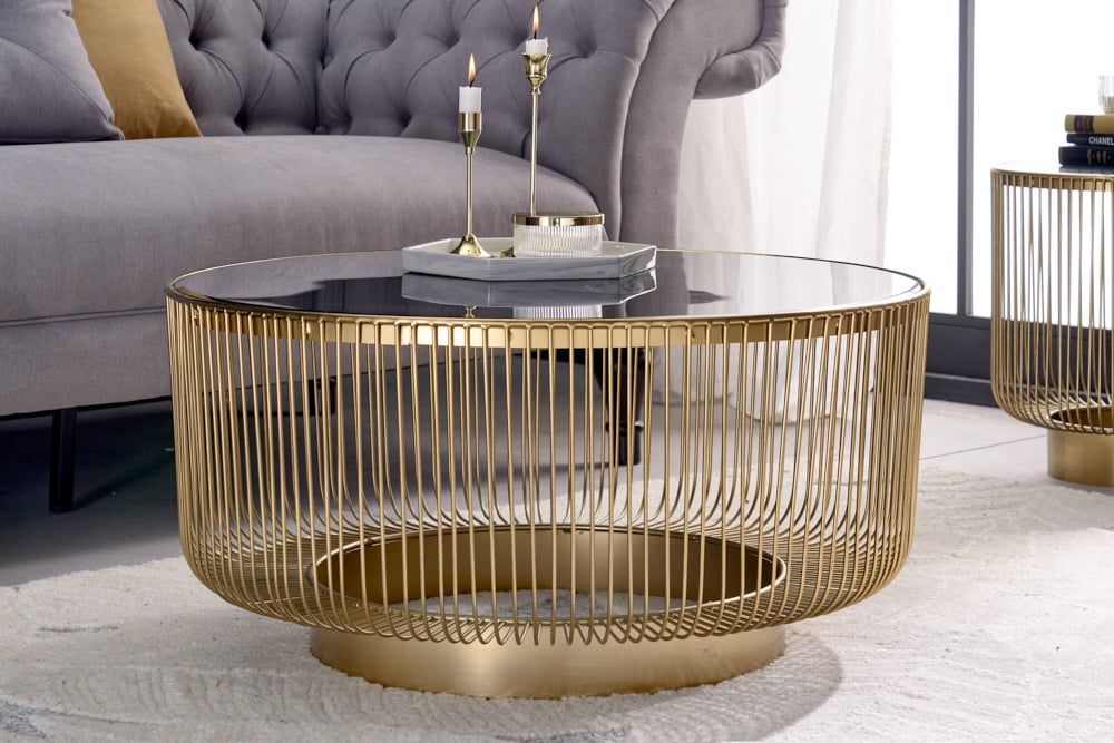 Handgemaakte ronde salontafel Variation 80 cm – gouden frame, zwart glas, vintage design