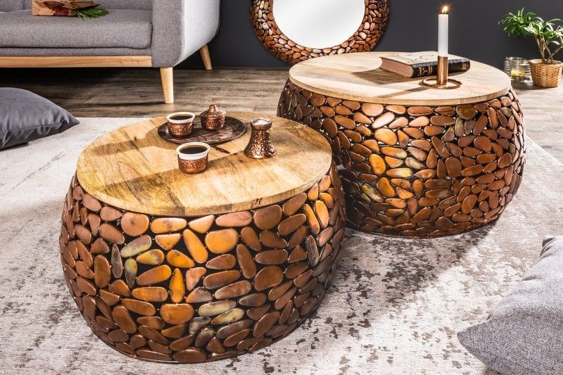 Handgemaakte ronde salontafels set van 2 – Stone Mosaic, koper & mangohout