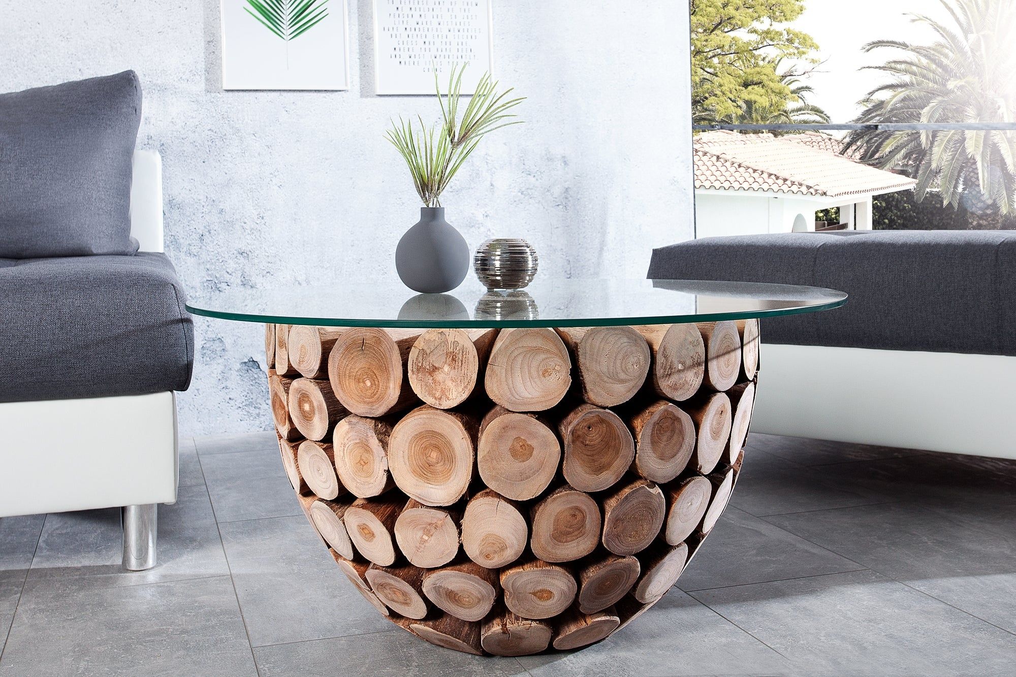 Handgemaakte Salontafel PURE NATURE 70 cm – Massief Teakhout met Glazen Bovenblad | Invicta Interior
