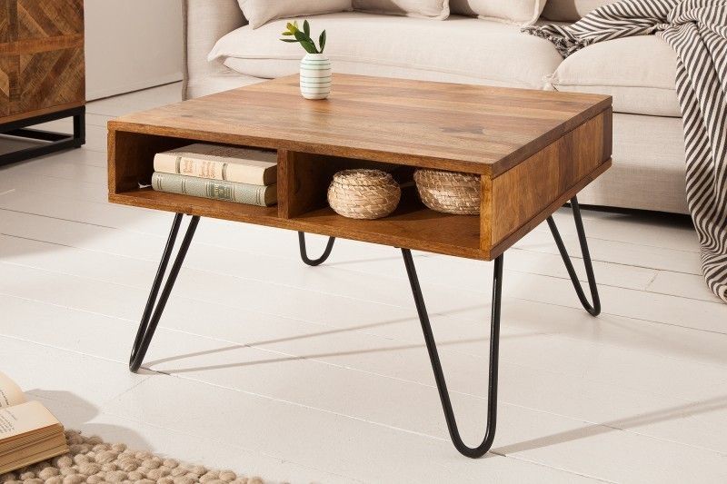 Handgemaakte Salontafel SCORPION – 60 cm Massief Sheesham met Opbergruimte & Hairpin Poten
