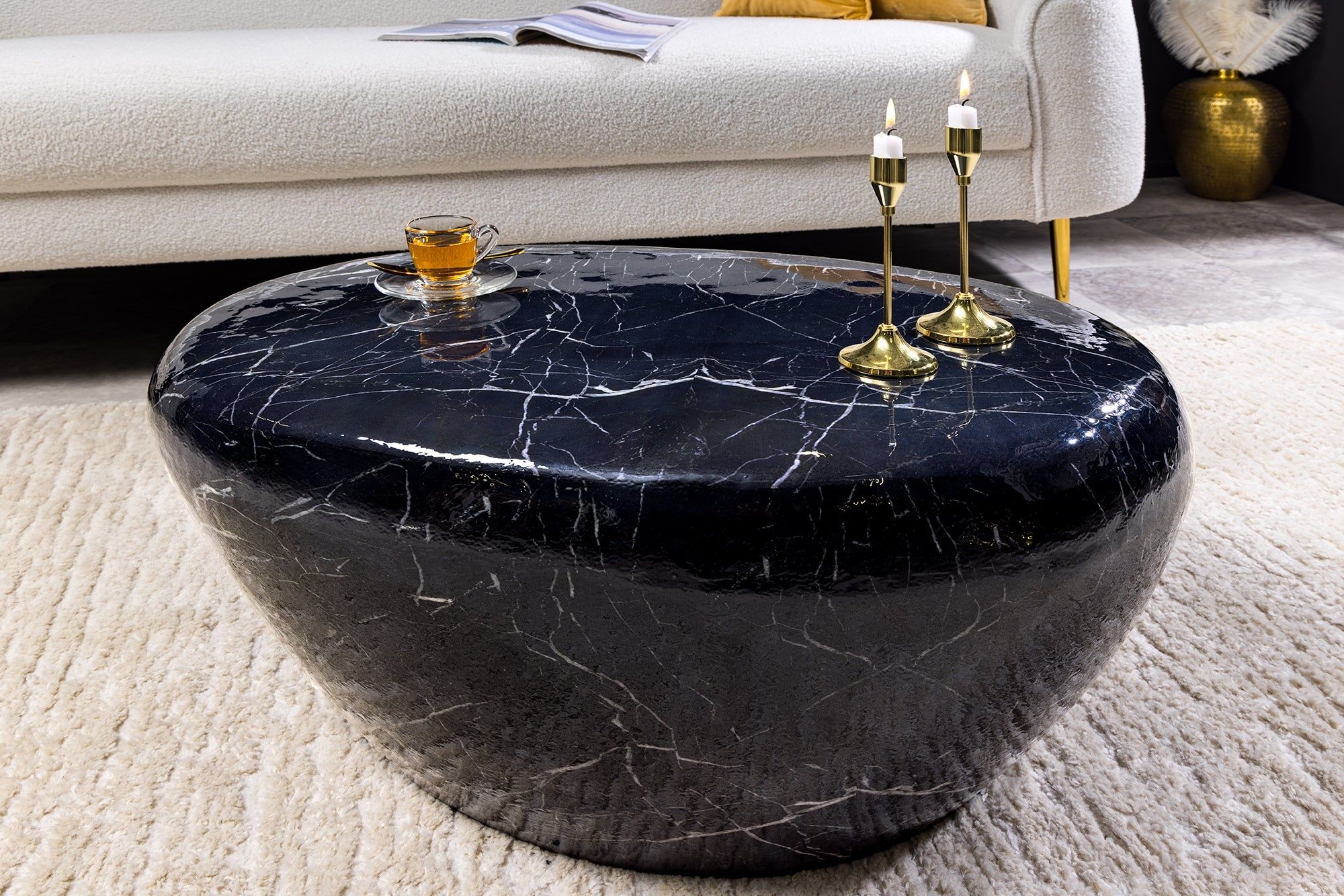 Handgemaakte STONE Salontafel 75 cm – Zwart Marmer & Metalen Frame