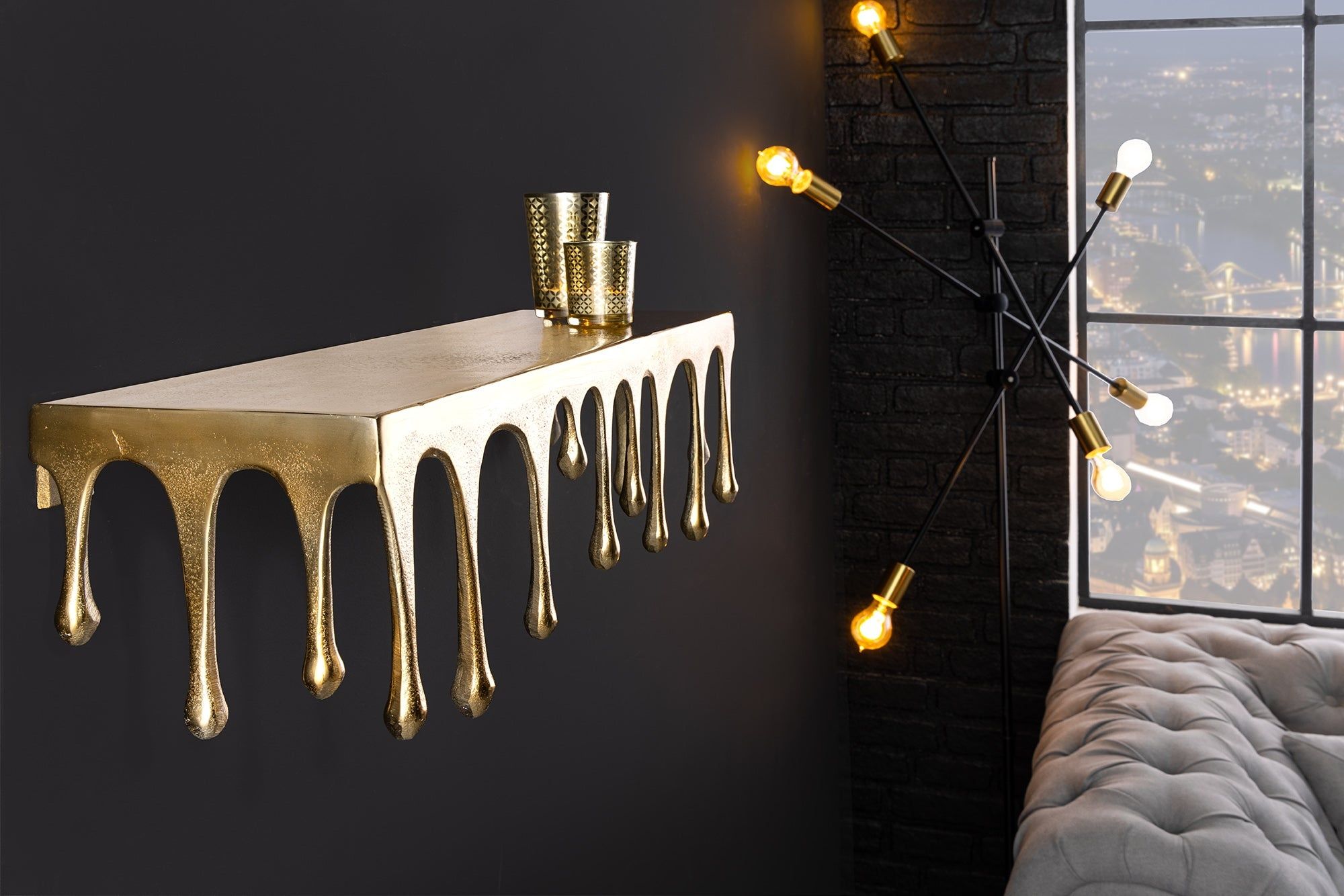 Handgemaakte wandplank LIQUID LINE – Antiek gouden druppelontwerp, 60 cm